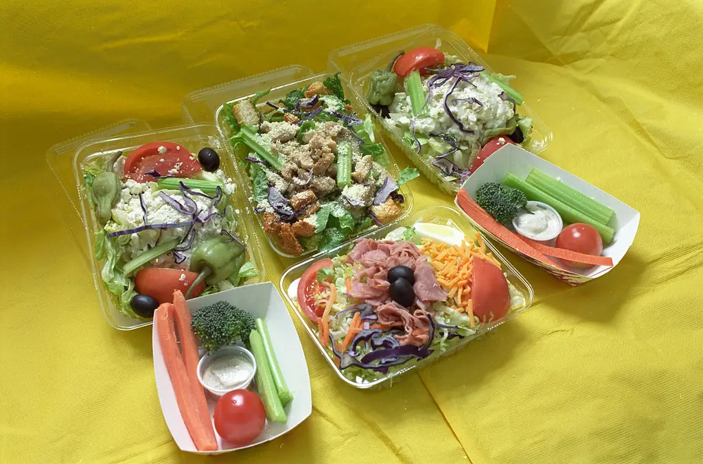Packed salads and vegetable cups ready for lunch